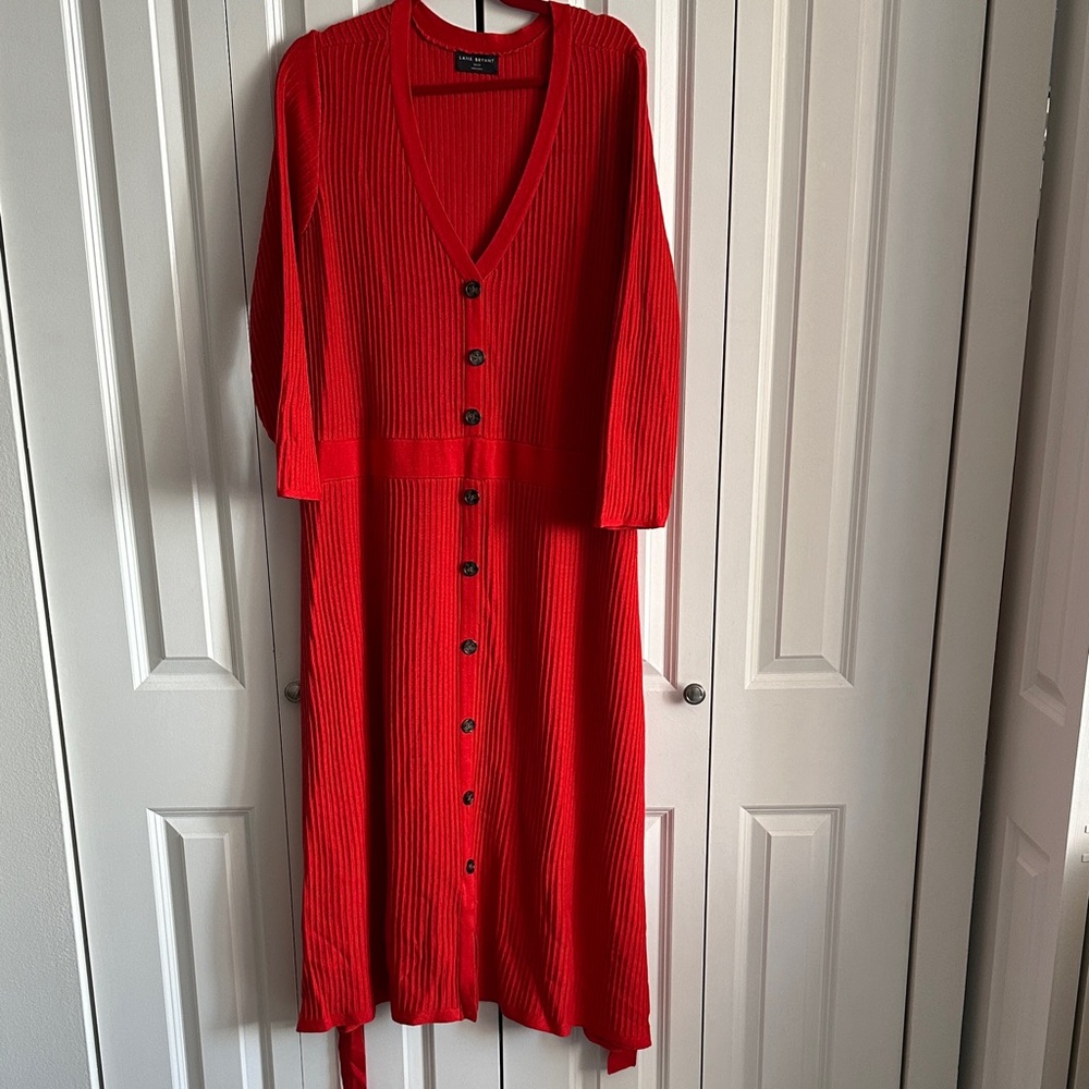 Lane Bryant Vibrant Orange/Red Button-Up Long Sleeve Sweater Dress